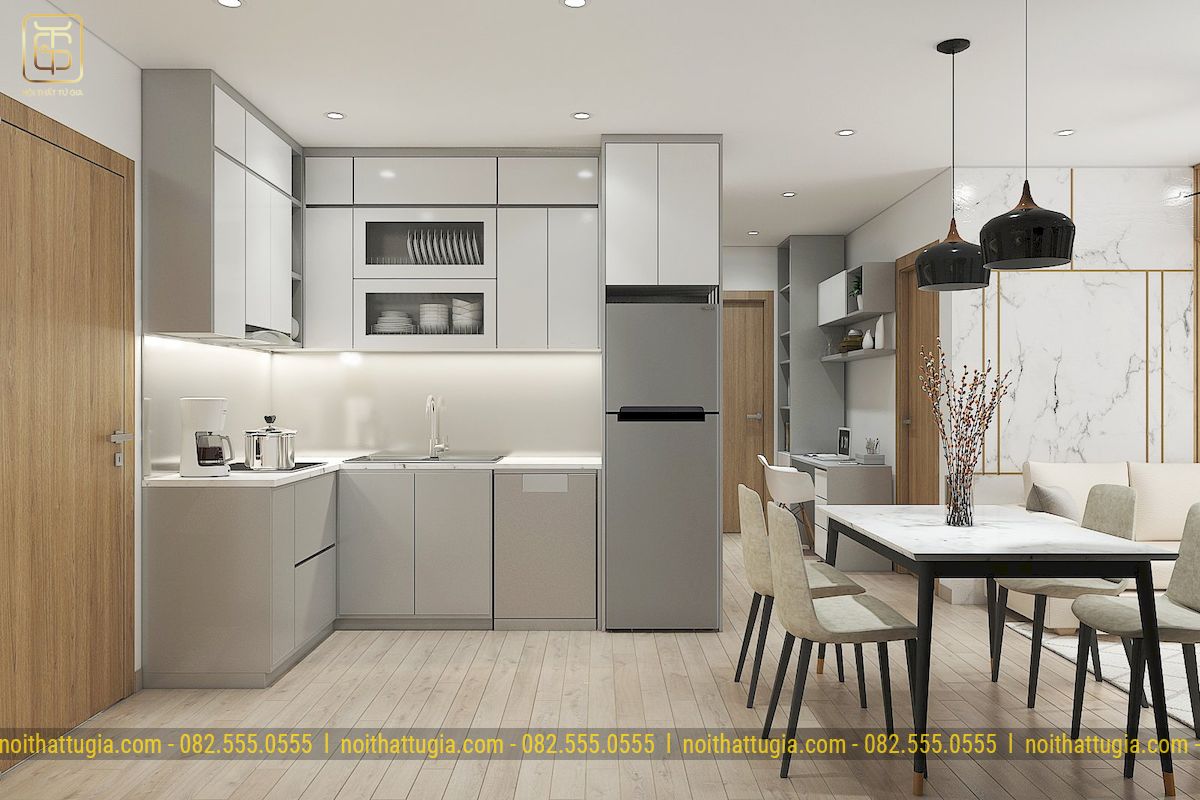 Căn bếp nhỏ được thiết kế góc với tủ bếp hình chữ L tông màu ghi trắng tạo không gian tiện nghi sạch sẽ cực kỳ đơn giản ấn tượng