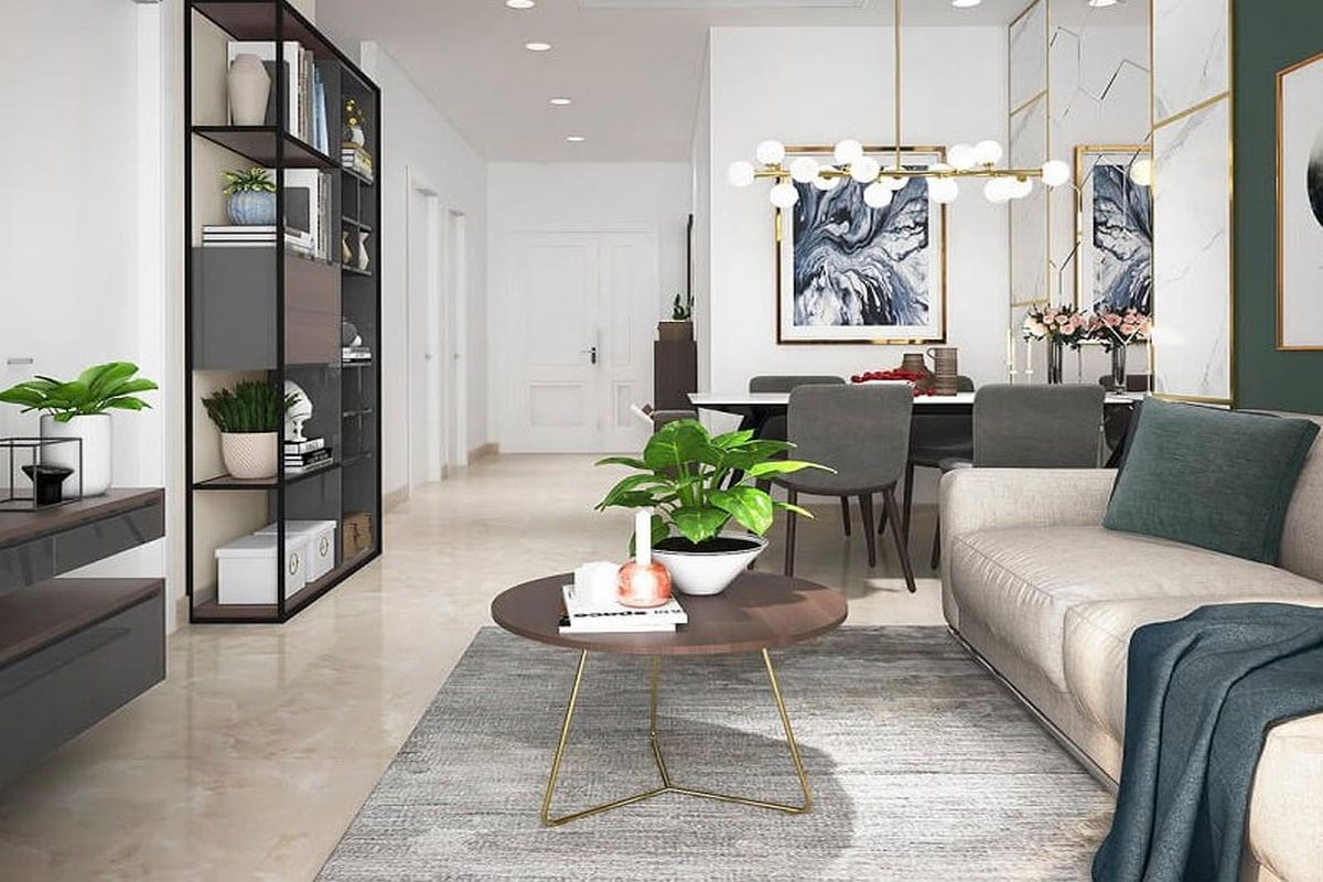 Căn hộ chung cư hiện đại với phòng khách và phòng bếp được thiết kế liên thông tạo không gian rộng rãi thuận tiện