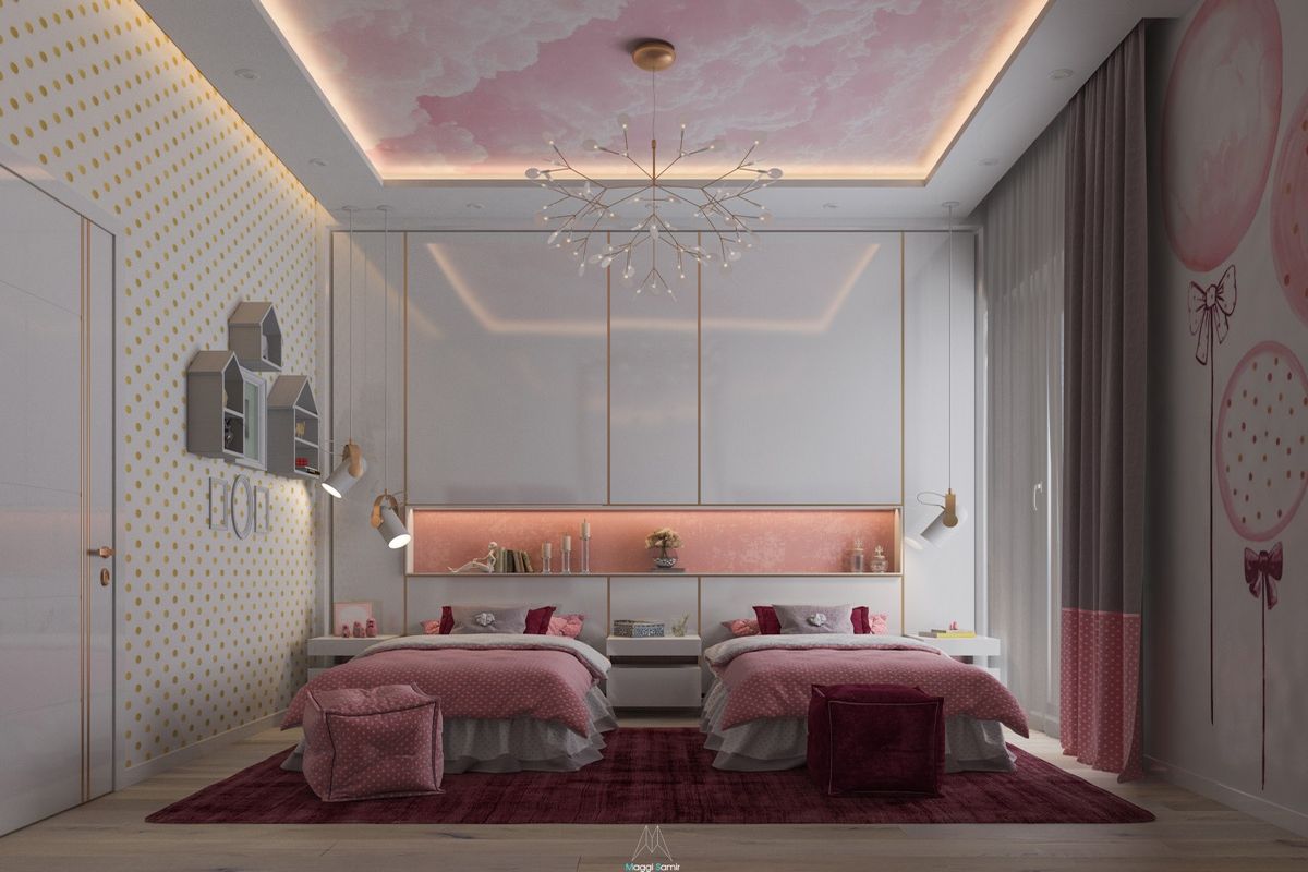 Căn phòng ngủ với tông màu hồng nhẹ nhàng cho 2 cô con gái được thiết kế tinh tế tiện nghi nhất