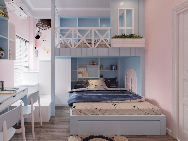 Chiếc giường tầng độc đáo và rộng rãi mở ra không gian riêng tư cho 2 bé