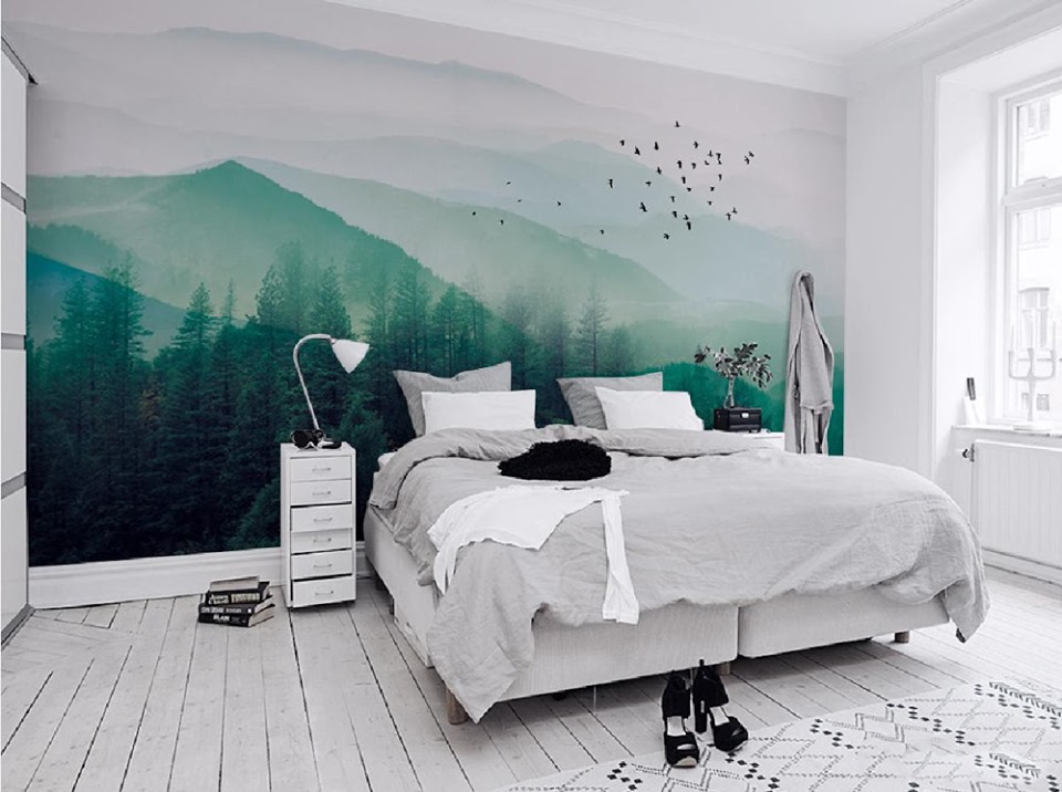 Giấy dán tường phòng ngủ màu xanh dành cho người mệnh Mộc