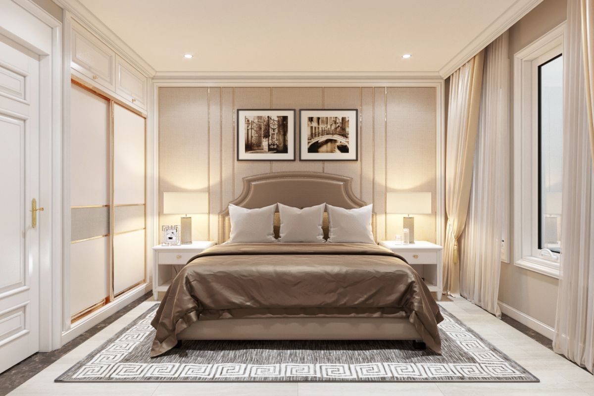 Đầu giường được treo 2 bức tranh nghệ thuật đơn giản và màu sắc cùng tone màu với nội thất trong phòng