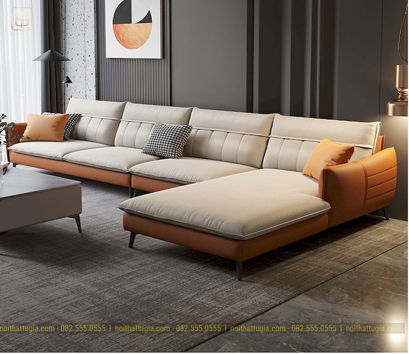 Bộ sofa góc L thiết kế sang trọng tông màu sữa kết hợp với vàng cam 