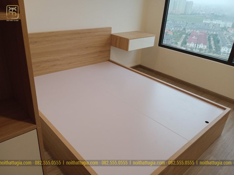 Giường ngủ kích thước 1600x2000 sử dụng MDF chống ẩm phủ melamin, đầu giường bọc đệm 
