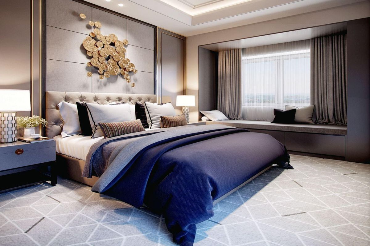 Giường ngủ tân cổ điển rộng rãi và thoải mái với cách phối màu độc đáo