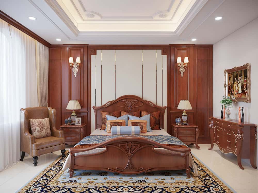 Mẫu giường ngủ đẹp bằng gỗ gõ đỏ được thiết kế theo phong cách tân cổ điển 