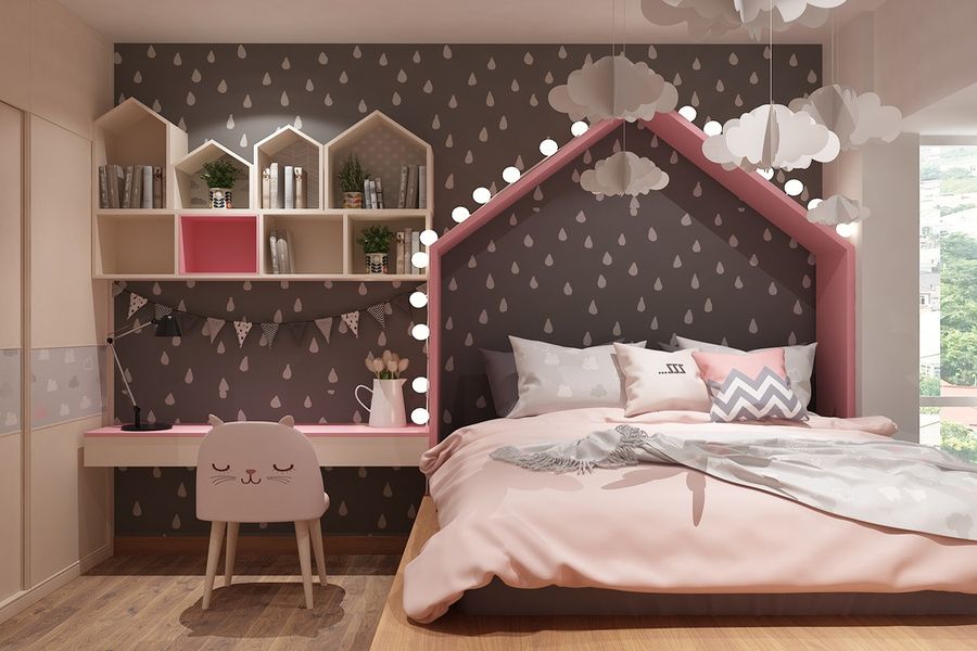 Giường thiết kế như ngôi nhà nhỏ để cho các bé thoải mái vui chơi và nghỉ ngơi