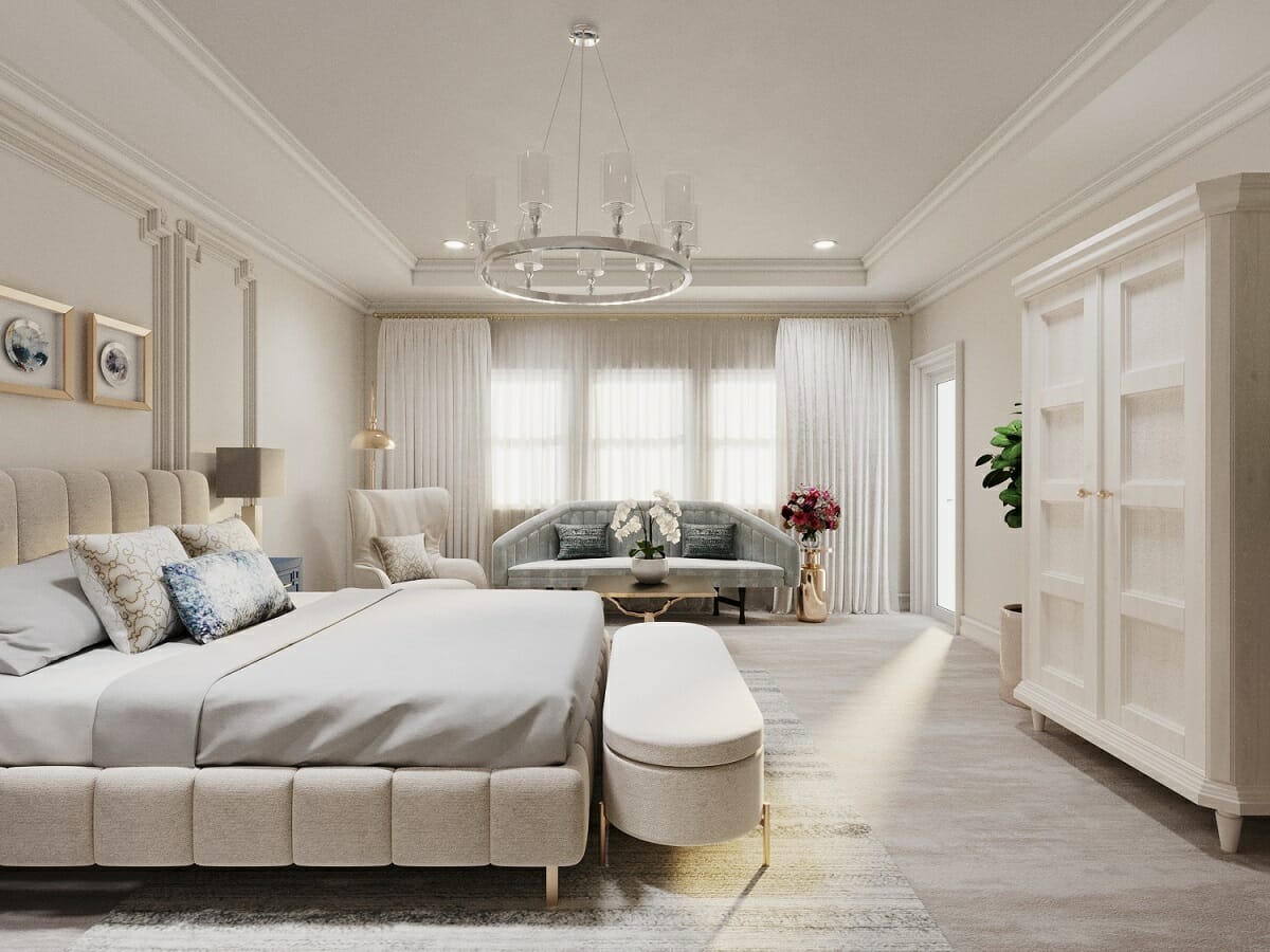 Thiết kế nội thất phòng ngủ tân cổ điển hiện đại với tông màu trắng kem