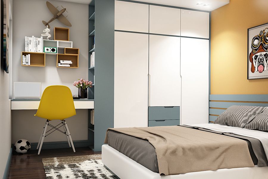 Hệ thống tủ quần áo cao kịch trần và màu sắc đồng điệu với tổng thể căn phòng