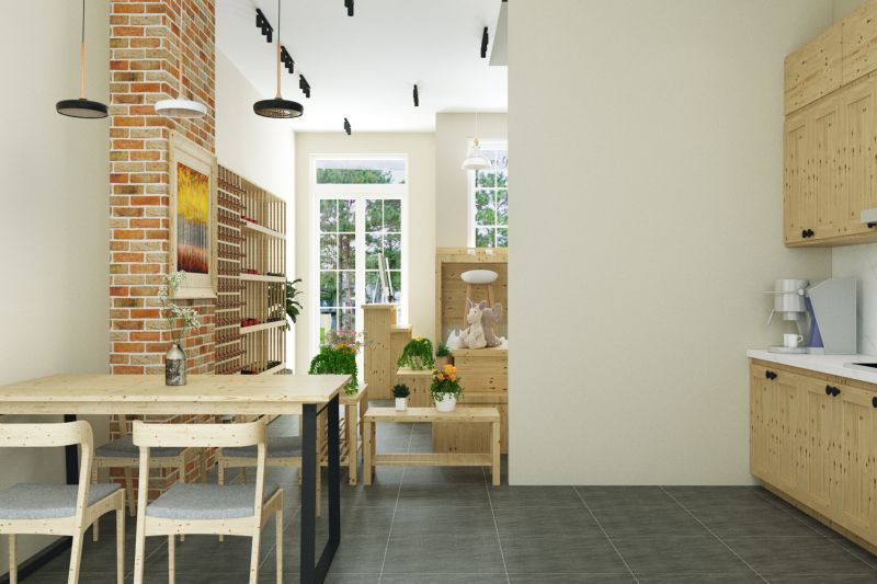 Không gian bếp rộng rãi, thoải mái với gam màu nâu gỗ của tự nhiên tinh tế và nhẹ nhàng