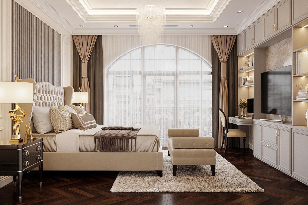 Không gian nội thất phòng ngủ thiết kế theo phong cách tân cổ dang tọng với tông màu nude ấn tượng tinh tế
