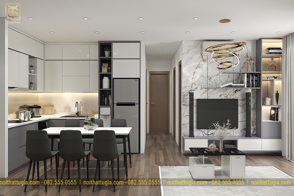 Không gian phòng bếp và phòng khách thiết kế liên thông với nhau tủ bếp goác được thiết kế cực kỳ tiện nghi đơn giản