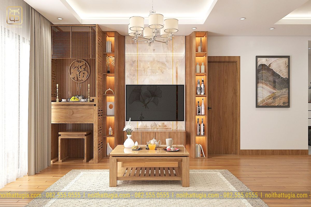 Thiết kế nội thất căn hộ 95m2 3 phòng ngủ với không gian phòng khách thiết kế hiện đại với tông màu sang trọng