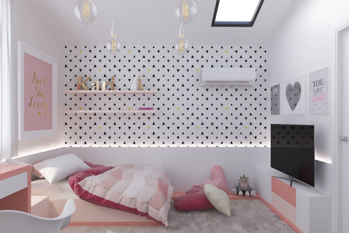 Không gian phòng ngủ nhỏ tông màu hồng tiện nghi tinh tế với thiết kế đơn giản tiện nghi