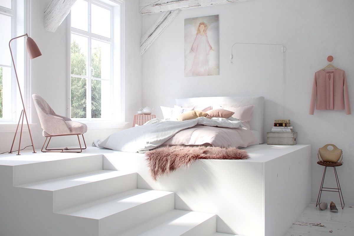 Không gian phòng ngủ sẽ trở nên xinh đẹp và lôi cuốn hơn nếu kết hợp với gam màu trắng