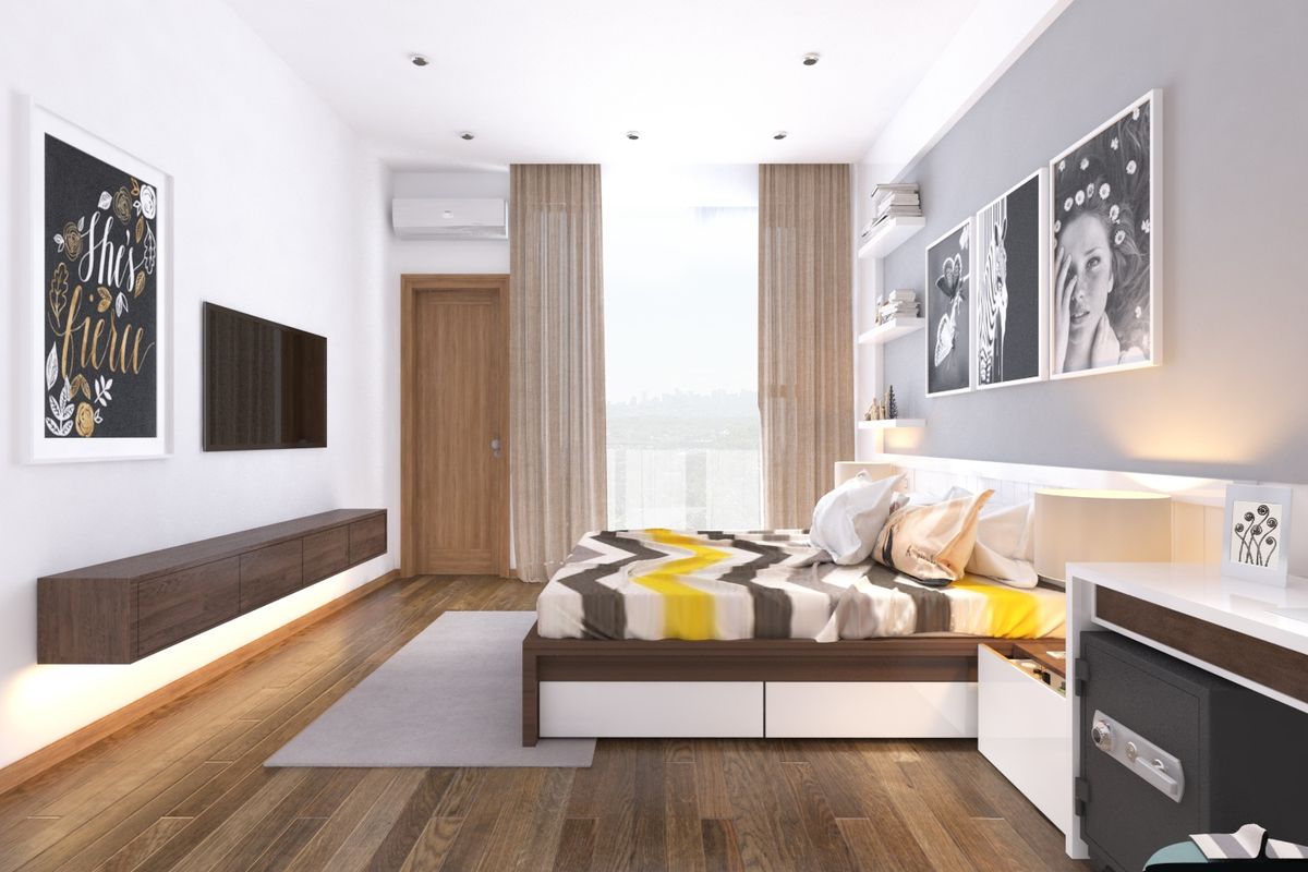 Không gian phòng ngủ thông thoáng tiện nghi với cách sử dụng tông màu nhã nhặn tận dụng triệt để nguồn ánh sáng tự nhien