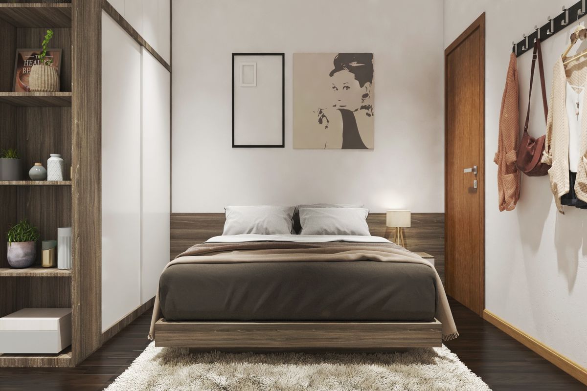 Không gian phòng ngủ tiện nghi thoải mái với lối thiết kế đơn giản kết hợp decor mang lại sự hiện đại tiện nghi