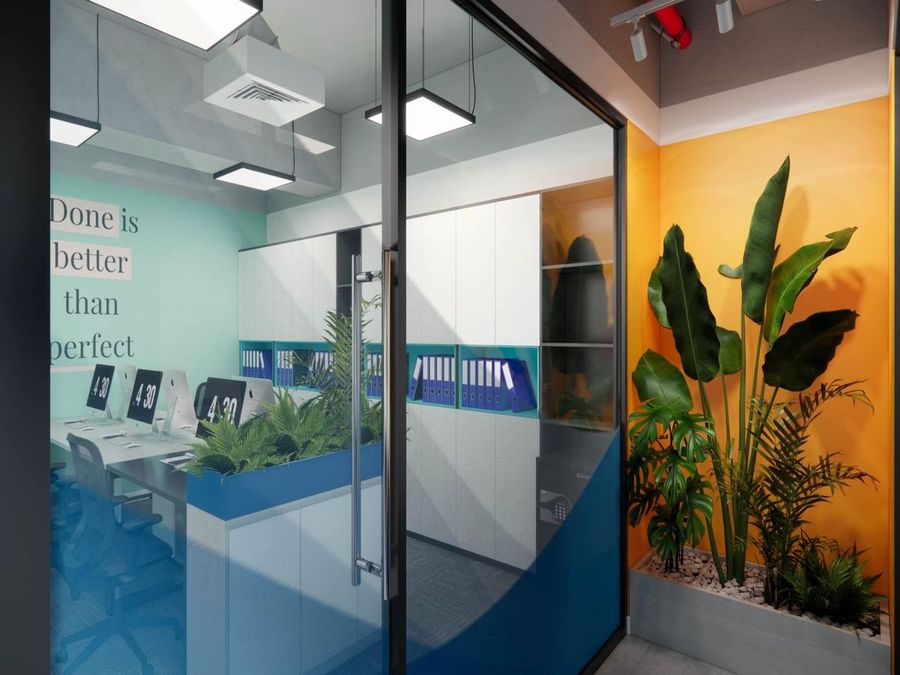Không gian văn phòng được thiết kế tinh tế với điểm nhấn là mảng tranh tường đọc đáo
