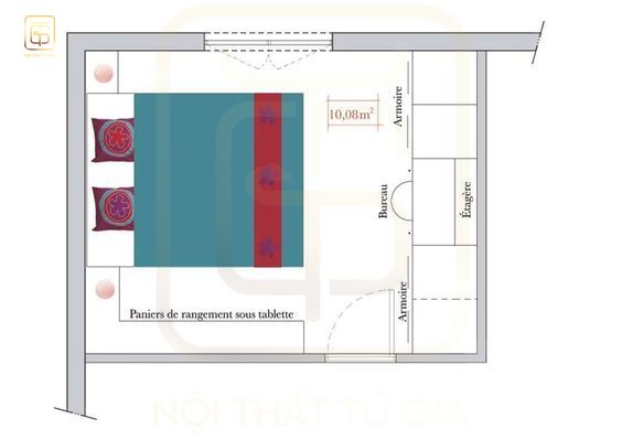 Mặt bằng phòng ngủ dạng vuông 10m2 thiết kế đơn giản, gọn gàng