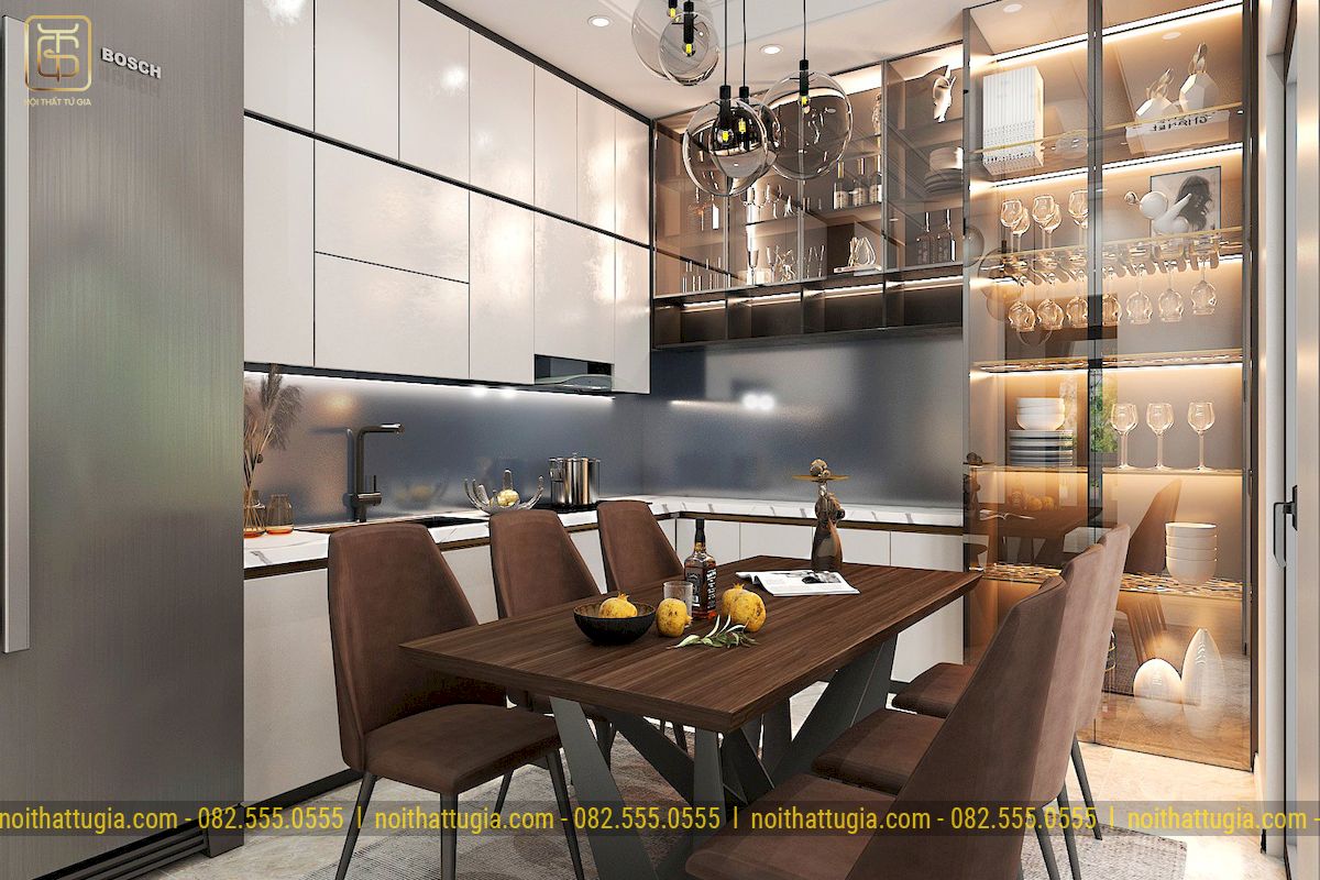 Mẫu phòng bếp sang trọng với tông màu tinh tế kết hợp nội thất và decor ấn tượng cho căn biệt thự cấp 