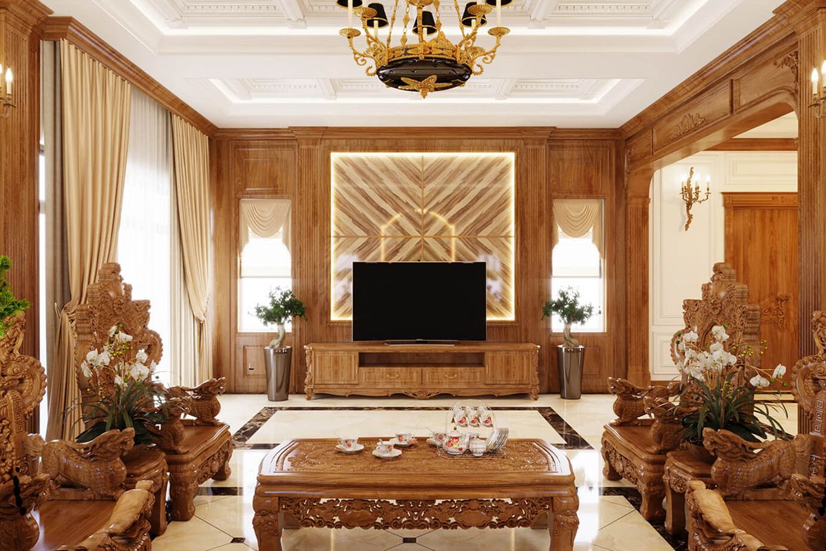 Mẫu phòng khách tân cổ điển sang trọng với chất liệu gỗ cao cấp