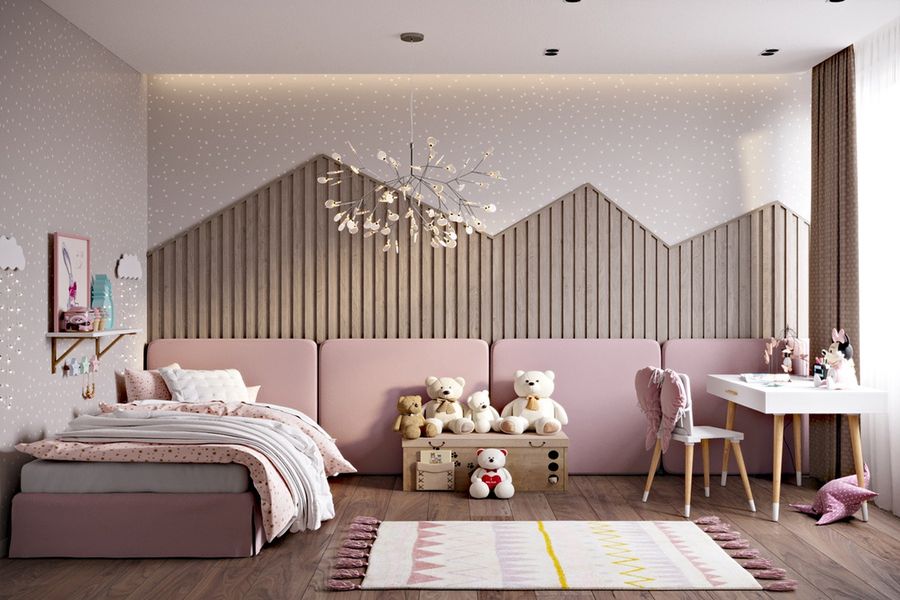 Mẫu phòng ngủ cho bé gái đẹp hiện đại với tông màu hồng đất ấn tượng