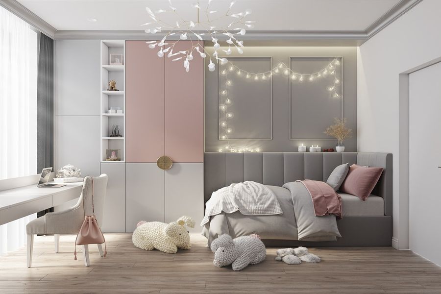 Mẫu thiết kế nội thất phòng ngủ cho bé gái với tông màu hồng nhạt đẹp tinh tế