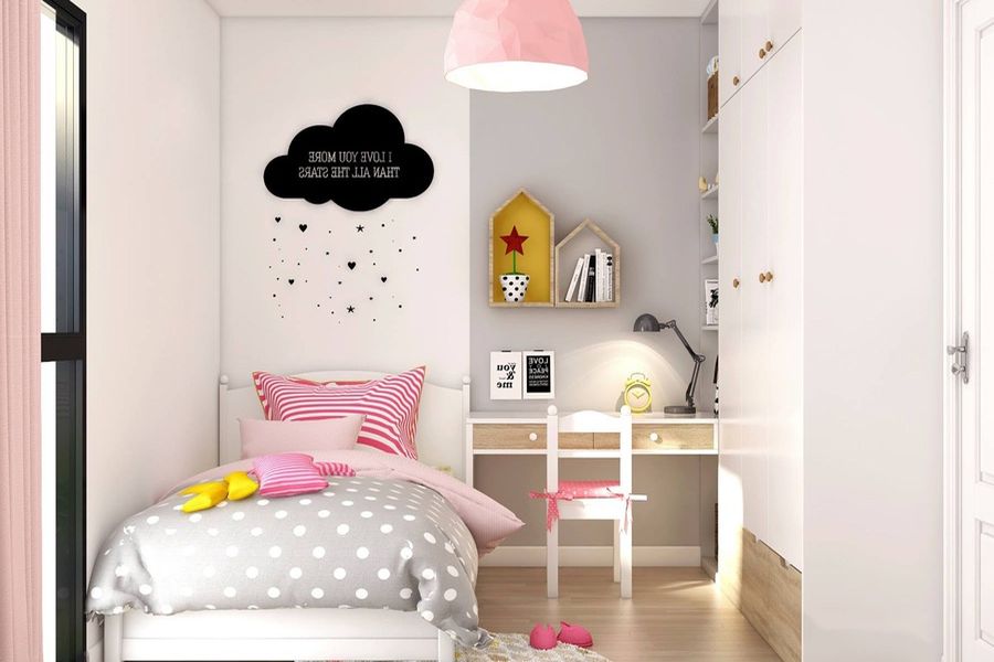 Mẫu thiết kế nội thất phòng ngủ cho con gái với tông màu nhẹ nhàng kết hợp hài hòa