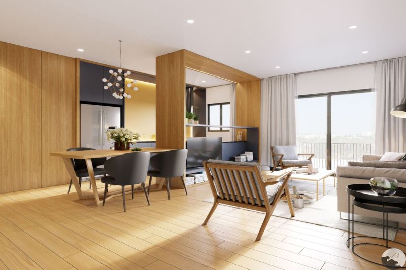Mẫu thiết kế phòng khách đẹp hiện đại với nội thất bằng gỗ