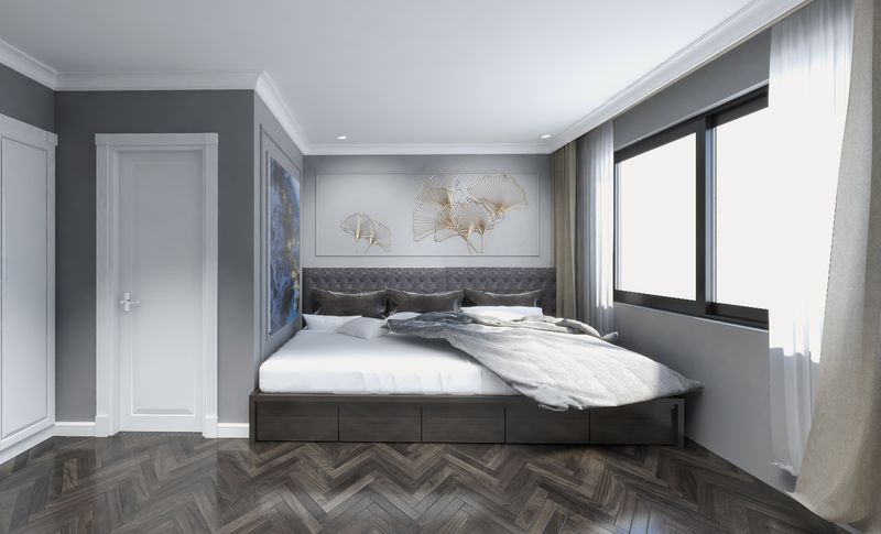 Trần thạch cao phòng ngủ vợ chồng đơn giản tinh tế với tông màu trắng kết hợp hài hòa