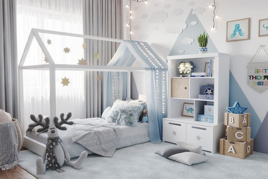 Màu xanh dương nhẹ nhàng kết hợp trắng và họa tiết nhỏ xinh tạo không gian mộng mơ nhẹ nhàng cho bé gái