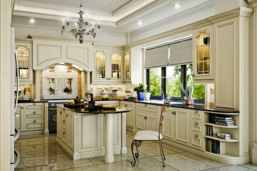 Nội thất nhà bếp đẹp mang phong cách cổ điển với tông màu trắng chủ đạo