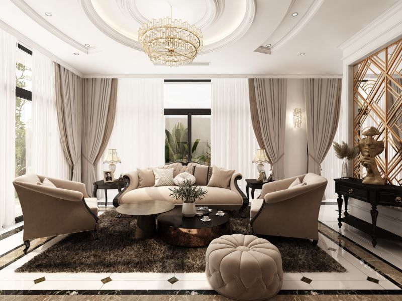 Nội thất Luxury với bộ sofa bằng gỗ tự nhiên bọc nhung nhập khẩu cao cấp, bền đẹp