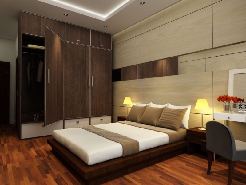 Nội thất căn phòng ngủ master chủ yếu bằng gỗ sang trọng và ấm áp