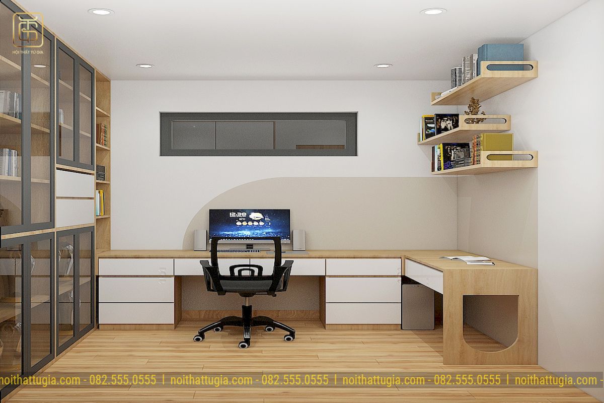 Phòng làm việc được thiết kế tủ kết hợp bàn đa năng