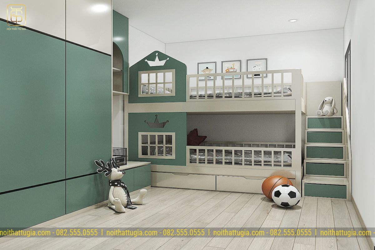 Nội thất phòng ngủ 2 bé trai được thiết kế đơn giản với tông màu nhẹ nhàng tinh tế