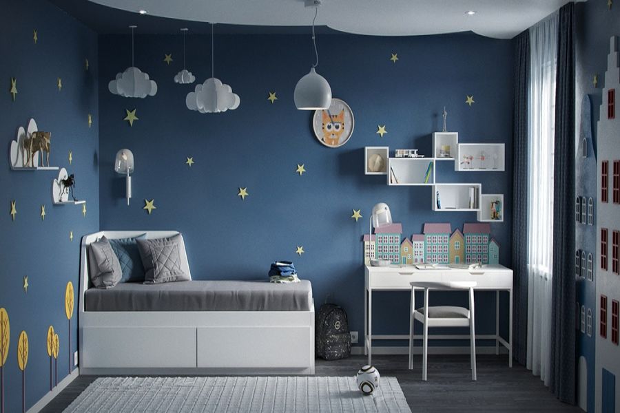 Nội thất phòng ngủ bé trai tone màu xanh dương có cả bầu trời thơ mộng cho bé