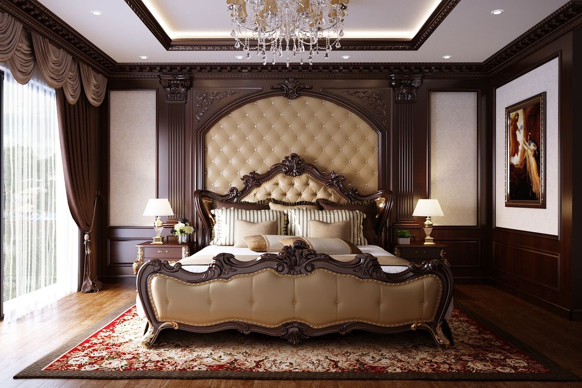 Nội thất phòng ngủ cổ điển với những đường nét đặc trưng kết hợp với tông màu cực kỳ ấm cúng
