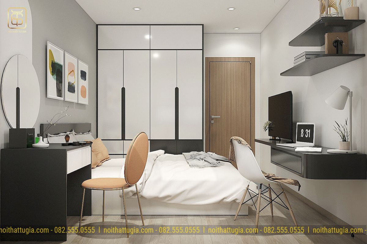 Nội thất phòng ngủ thiết kế đơn giản với tông màu trắng xám chủ đạo