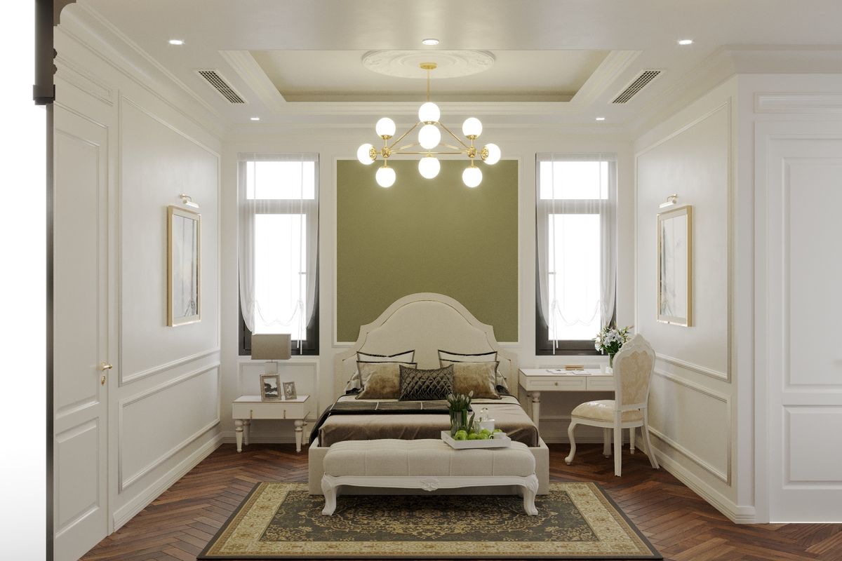 Nội thất phòng ngủ thiết kế theo phong cách tân cổ điển nhẹ nhàng thể hiện ở tông màu xanh mà gia chủ lựa chọn