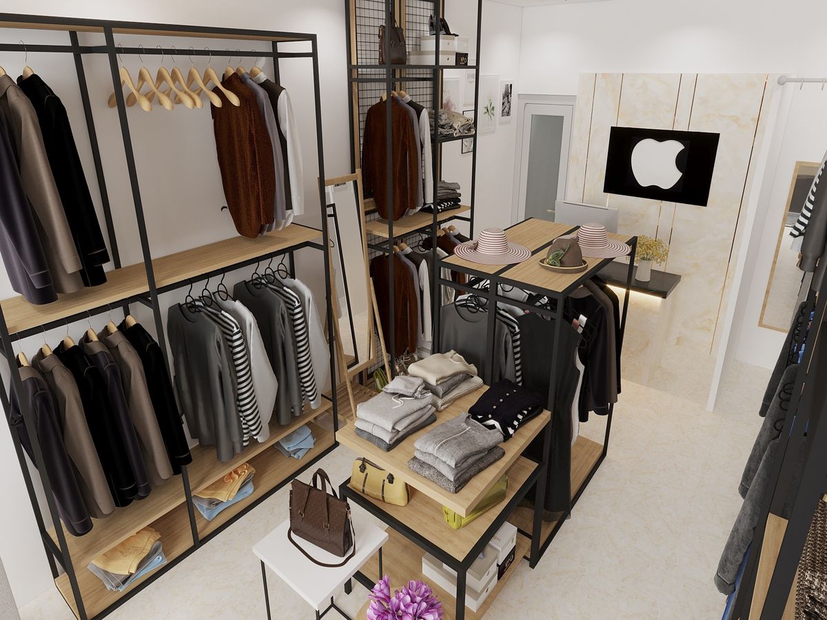 Nội thất shop quần áo được thiết kế đơn giản tiện nghi rất phù hợp với những shop quần áo có diện tích nhỏ