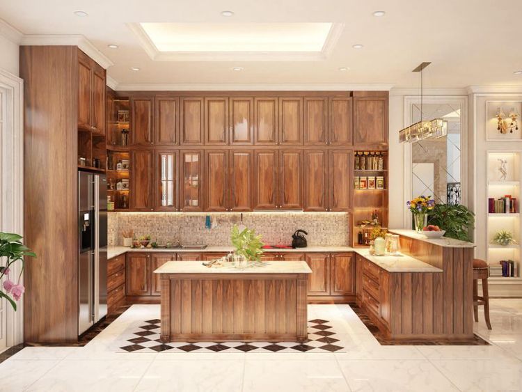 Nội thất tủ bếp có quầy bar gỗ tự nhiên sang trọng