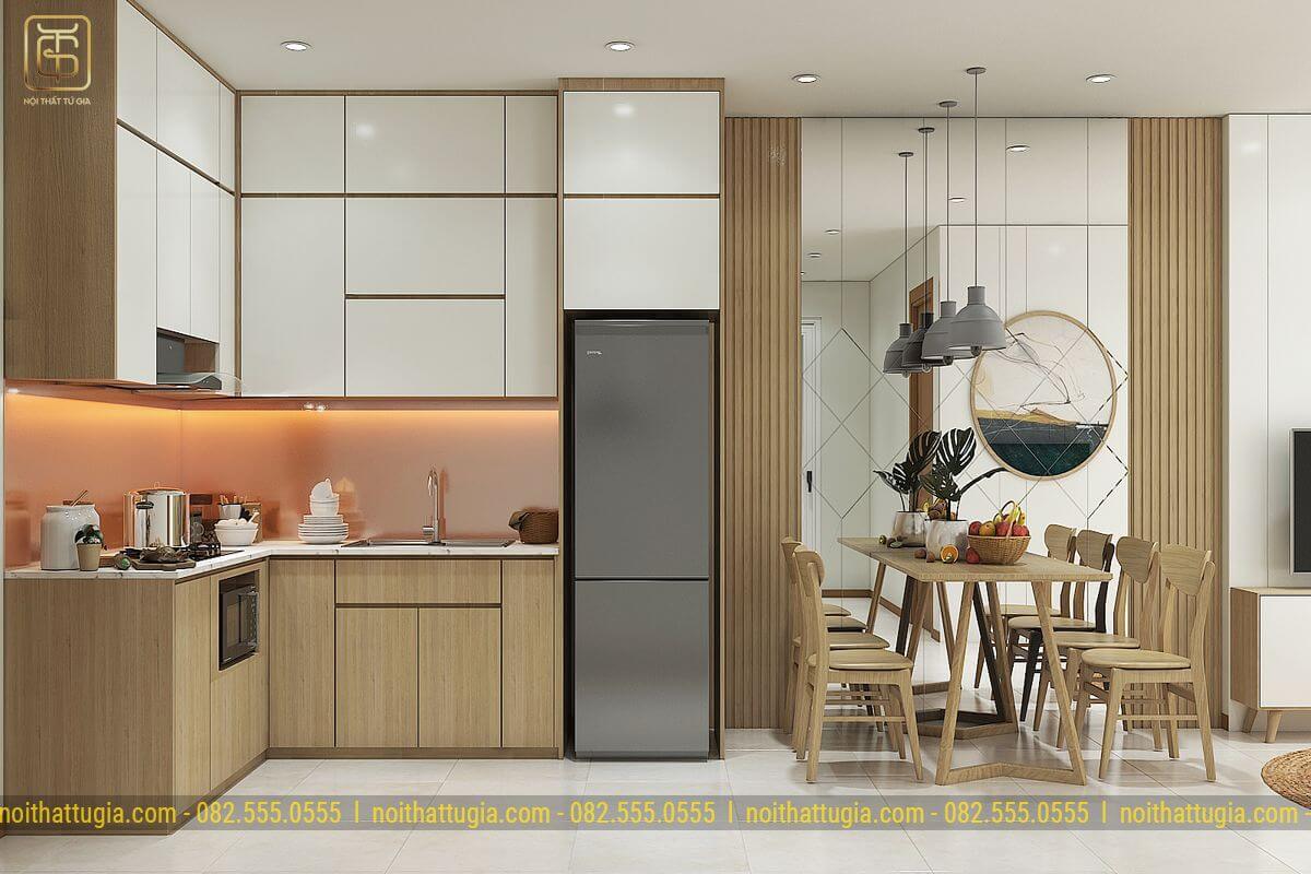 Phòng bếp thiết kế hình như L tiết kiệm diện tích với tủ bếp bằng gỗ