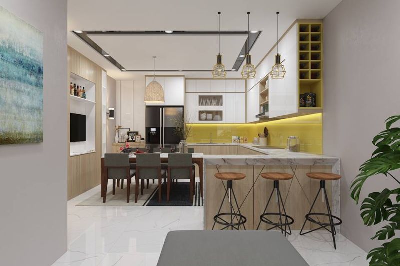 Phòng bếp thiết kế sang trọng và tinh tế với quầy bar hiện đại
