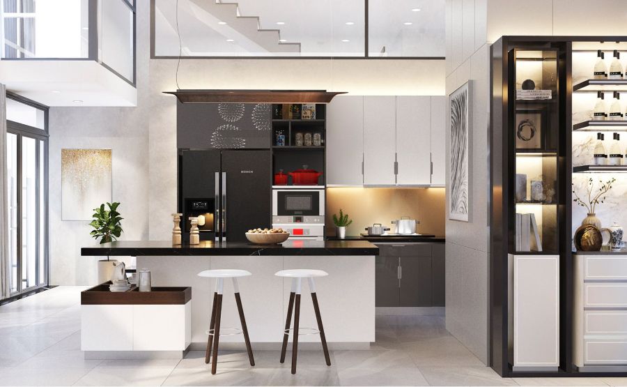 Phòng bếp thiết kế theo phong cách sang trọng, hiện đại, thể hiện sự tinh tế của gia chủ