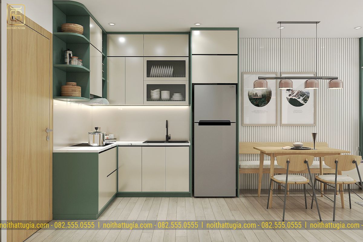 Phòng bếp và phòng ăn liền kề với nội thất đơn giản đầy đủ công năng thẩm mỹ