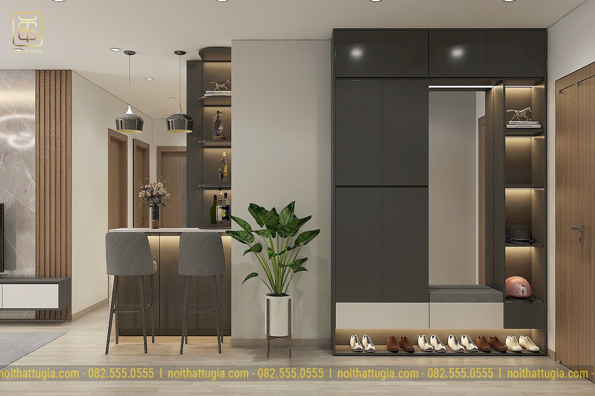 Phòng khách căn hộ với thiết kế hiện đại, sang trọng và đặc biệt ấn tượng với đèn trần độc đáo