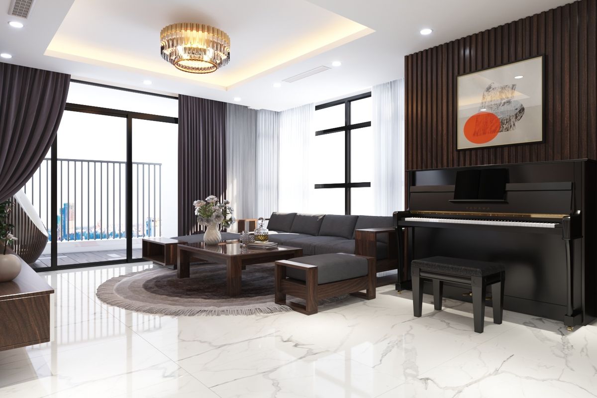 Phòng khách được thiết kế ngay cạnh ban công mang lại cảm giác thoải mái rộng rãi cho cả căn hộ