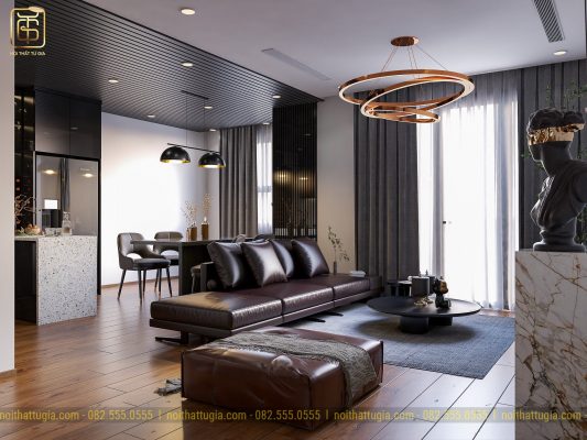 Phòng khách rộng rãi sang trọng với bộ sofa cao cấp