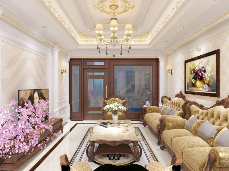 Phòng khách tân cổ điển sang trọng với chất liệu nội thất cao cấp và thiết kế tinh xảo